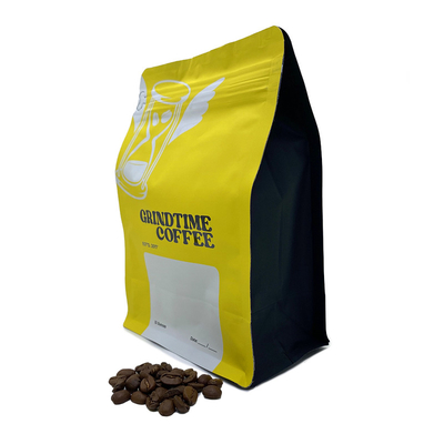 Barrier Custom Printed Spot Matt Yellow 12oz 340g 250g 500g Flat Bottom Aluminum Foil Coffee Bean Side Zipper Bag With UV Valve