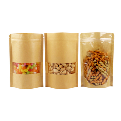 Customized Disposable Logo Kraft Paper Pouch With Window Blank Stand Up Zipper Paper Bag For Food Packaging