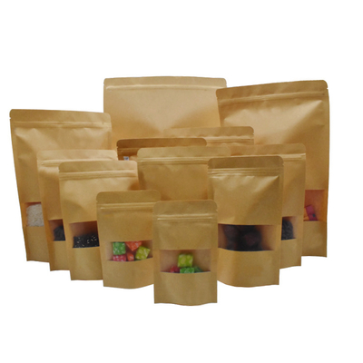 Recyclable Kraft Tote Bags Stand Up Pouch Zip Lock Small Food Brown Paper Bag With Window